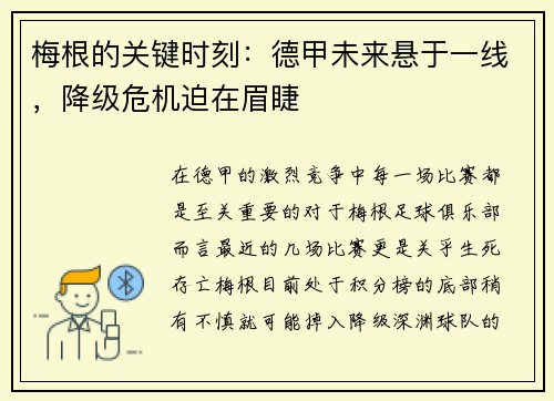 梅根的关键时刻：德甲未来悬于一线，降级危机迫在眉睫