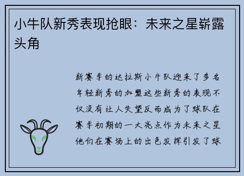 小牛队新秀表现抢眼：未来之星崭露头角