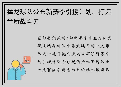 猛龙球队公布新赛季引援计划，打造全新战斗力