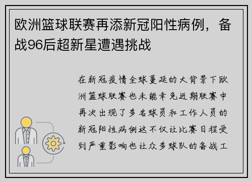 欧洲篮球联赛再添新冠阳性病例，备战96后超新星遭遇挑战
