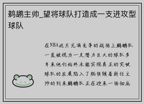 鹈鹕主帅_望将球队打造成一支进攻型球队